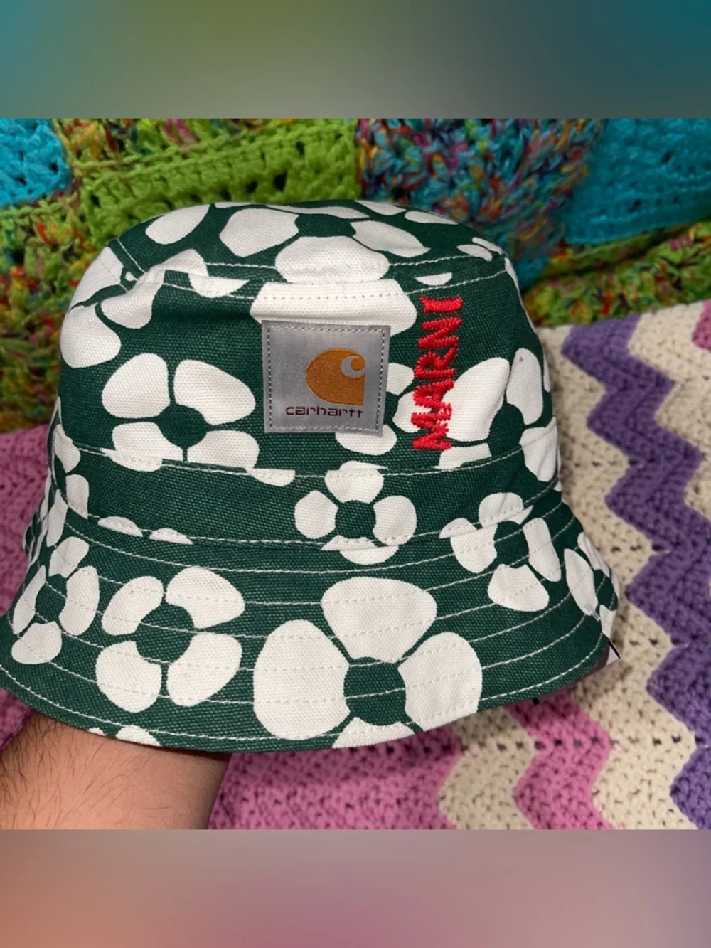The Carhartt X Marni Green & White Hawaiian Floral Bucket Hat in size M-L NWOT